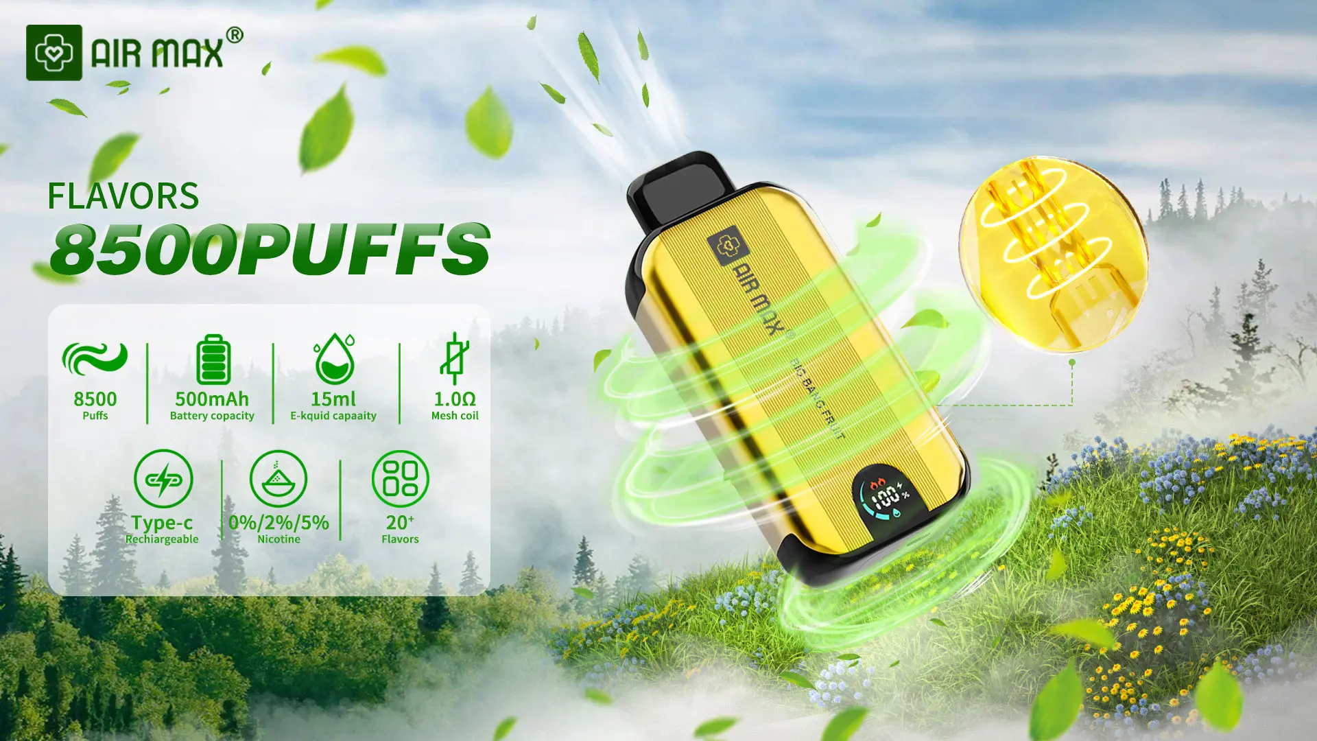 Air Max Dual Mesh 8500 Puffs Disposable Vape With Display Screenztp